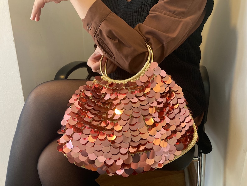 Crochet Sequin Bag, Handcrafted Party Bag, Sequin handbag, Rose Gold Evening Bag image 2