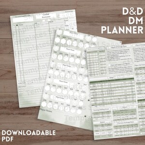 May include: Three printed paper sheets for a tabletop role-playing game. One sheet features a combat encounter tracker, another displays multiple character stat blocks with hexagonal fields, and the third contains reference tables for game rules.