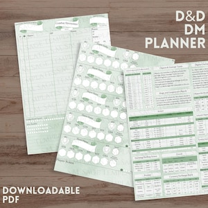 May include: Three pale green printed sheets for a tabletop role-playing game. The sheets feature tables for combat encounters, character statistics with hexagonal boxes for attributes, and reference charts for armor, objects, and travel rules.