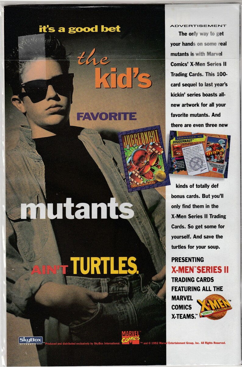 K&ouml;nnte beinhalten: Werbung f&uuml;r X-Men Series II Sammelkarten. Das Bild zeigt einen jungen Mann mit Sonnenbrille und Jeansjacke. Der Text enth&auml;lt "Mutanten" und "der Liebling der Kinder". Die Juggernaut-Karte ist sichtbar.