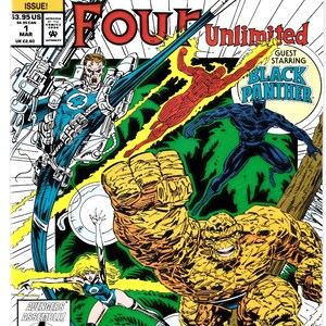 K&ouml;nnte beinhalten: Comic-Cover f&uuml;r Fantastic Four Unlimited mit Thing, Human Torch und Black Panther. Das Cover-Artwork ist lebendig mit Actionposen und dem Titeltext. Das Marvel Comics-Logo befindet sich in der oberen linken Ecke.