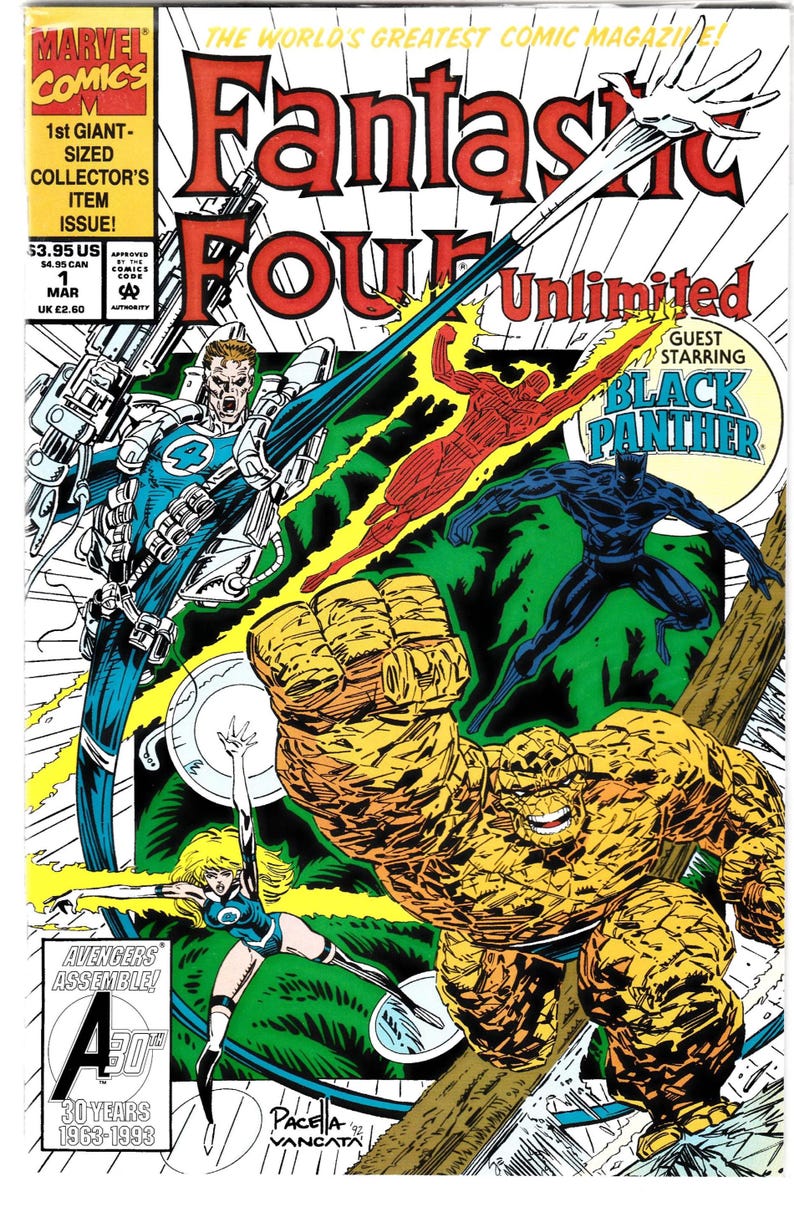 K&ouml;nnte beinhalten: Comic-Cover f&uuml;r Fantastic Four Unlimited mit Thing, Human Torch und Black Panther. Das Cover-Artwork ist lebendig mit Actionposen und dem Titeltext. Das Marvel Comics-Logo befindet sich in der oberen linken Ecke.