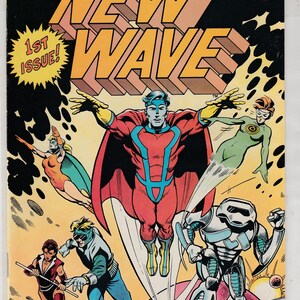 May include: Comic book cover for "The New Wave" featuring a central superhero in a red and blue costume with a flowing cape. Other characters in action poses are also shown. The cover includes the text "1st Issue!" and "Only 50¢!"