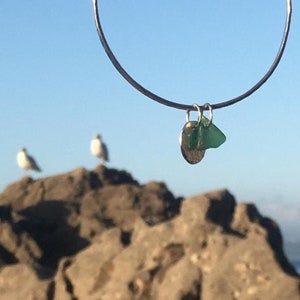 Beach Bangle - seaglass and silver hammered charm