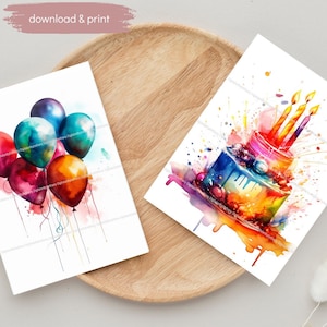 5 cartes d'anniversaire imprimables à l'aquarelle, téléchargement numérique instantané, cartes de voeux