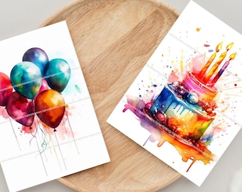 5 Printable Watercolor Birthday Cards, Instant Digital Download, Greeting Cards