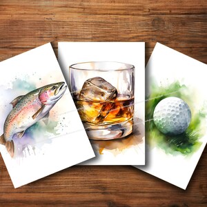 3 druckbare Geburtstagskarten für Herren, sofortiger digitaler Download, Aquarell, Golf, Whisky, Angeln, Geburtstage, Vater, Grußkarten