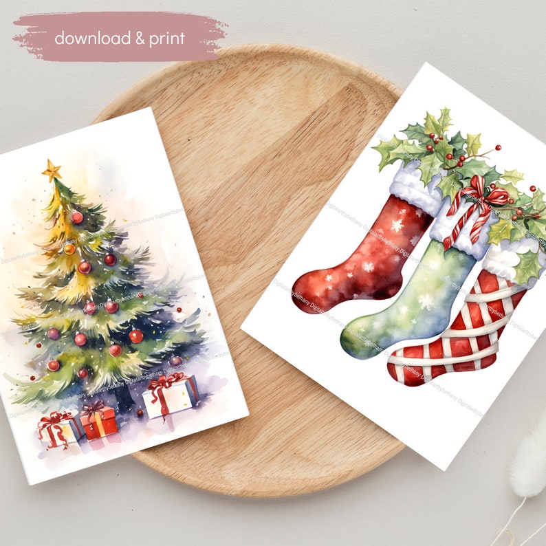 5 Printable Watercolor Christmas Cards Instant Digital Download 