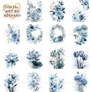 30er-Pack Blaue Blumen Aquarell Karten, sofortiger digitaler Download, Muttertag, Blumen, DIY, florale Kunst, druckbare Grußkarten, Natur