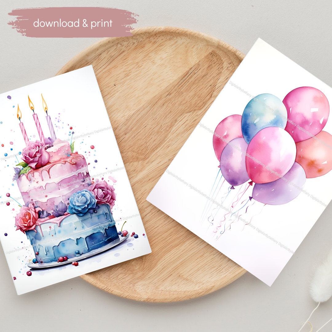 5 Printable Watercolor Birthday Cards, Instant Digital Download ...