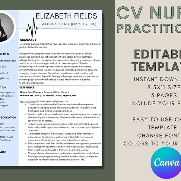 CV nurse practitioner template, editable Canva CV template for RN, digital cv healthcare template, new nurse grad resume, digital resume cv