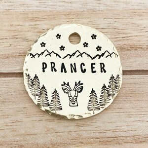 May include: A round, silver-colored pet tag with the word "PRANCER" in bold, black letters. The tag features a mountain range, stars, a deer head, and pine trees. It has a hole at the top for attachment.