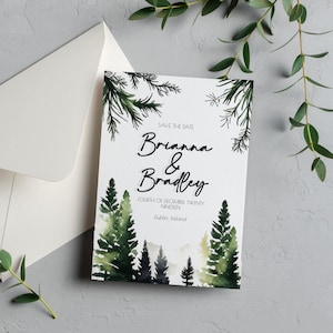 Pine Trees Wedding Invitation, Watercolor Minimalist Nature Party Invitation Design DIY 5x7 Editable Template for Outdoors Winter Weddings image 1