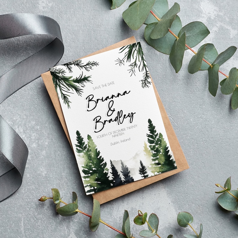 Pine Trees Wedding Invitation, Watercolor Minimalist Nature Party Invitation Design DIY 5x7 Editable Template for Outdoors Winter Weddings image 2