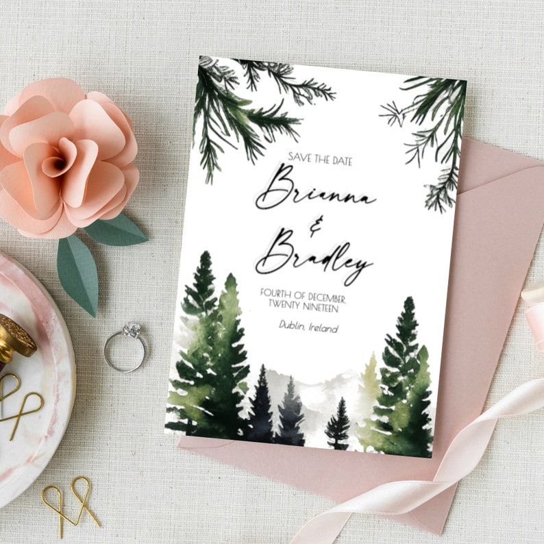 Pine Trees Wedding Invitation, Watercolor Minimalist Nature Party Invitation Design DIY 5x7 Editable Template for Outdoors Winter Weddings image 6