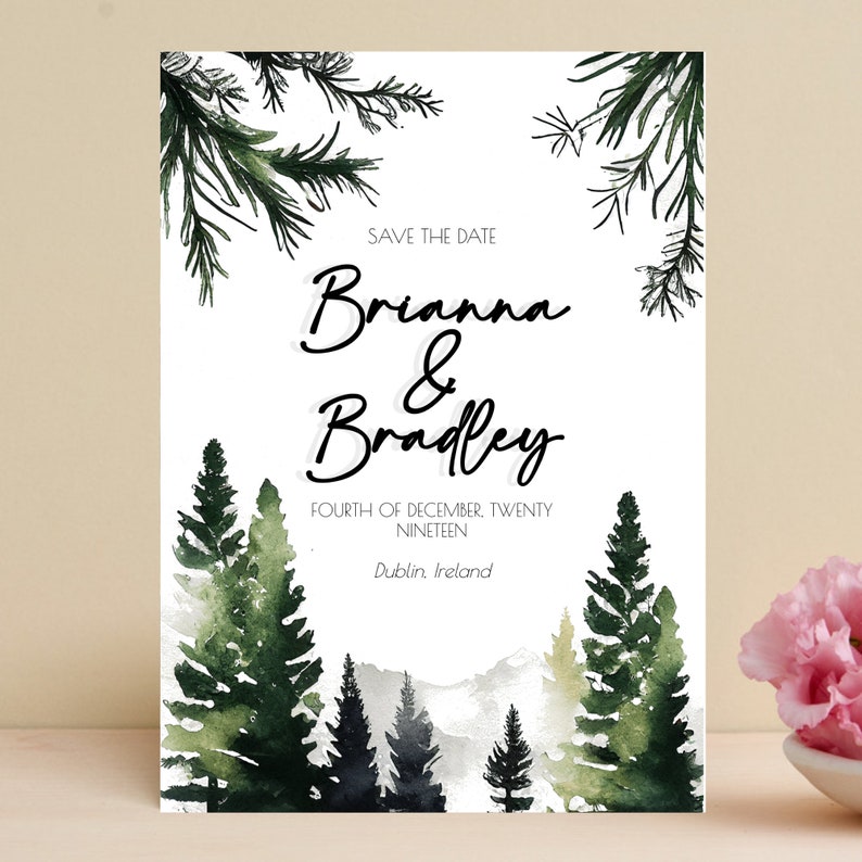 Pine Trees Wedding Invitation, Watercolor Minimalist Nature Party Invitation Design DIY 5x7 Editable Template for Outdoors Winter Weddings image 4