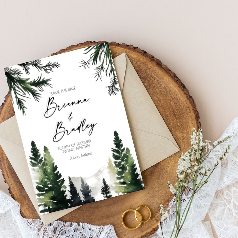 Pine Trees Wedding Invitation, Watercolor Minimalist Nature Party Invitation Design DIY 5x7 Editable Template for Outdoors Winter Weddings image 7