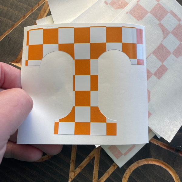 Tennessee UT Vols Checkered Orange and White Power T Decal Checkerboard Football Car Jeep 4 inch