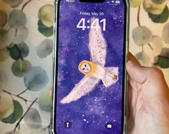 Starry Barn Owl Watercolor Phone Wallpaper Digital Download | Beautiful Aesthetic Background For iPhone Android