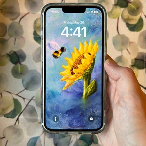 Sunflower Bumblebee Watercolor Phone Wallpaper Digital Download | Beautiful Aesthetic Background For iPhone Android