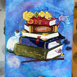 Book Stack Fantasy Genre Watercolor Painting Art Print | Semi-Gloss Photo Paper Print, Wall Decor, Dragon, Mermaid, Magic, Fairy, Elf
