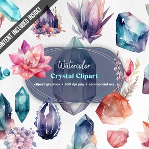 40 Crystal watercolor clipart gems jewels printable crystal wall art stones celestial clipart PNG instant download t-shirt art diamond