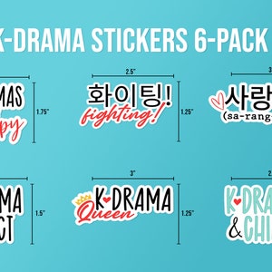 May include: A 6-pack of K-Drama stickers with various phrases and designs. Stickers include phrases like "K-Dramas are my Therapy", "Fighting!", and "K-Drama Addict". Each sticker has a different size, with the largest being 3 inches wide.