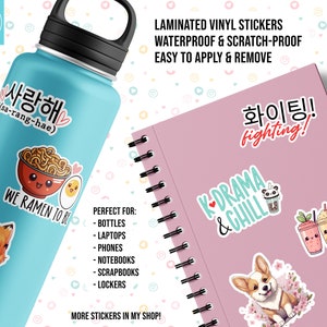 May include: A light blue water bottle and a pink notebook are adorned with colorful laminated vinyl stickers. The stickers feature Korean text, ramen, and cartoon characters. The text on the stickers says "We Ramen to Be", "K-Drama & Chill", and "Fighting!"
