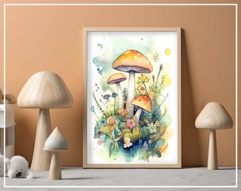 Cute Watercolor Rainbow Mushrooms Digital Download Print - Perfect for Colorful Nursery or Kids Room - Forest Theme