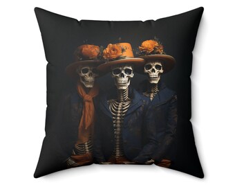 Bone to be Wild: Three Elegantly-Clad Skeletons | A Halloween Pillow for a Sophisticated Spooky Season | Trick or Treat