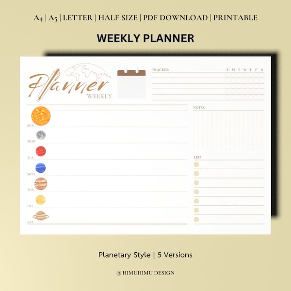 Printable Weekly Planner Planetary Style PDF Digital Download | A4, A5, Letter, Half Size | 5 versions