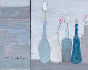 Original painting, oil painting, flowers, White tulips , 50/120 сm., Polina Zinoveeva, diptych