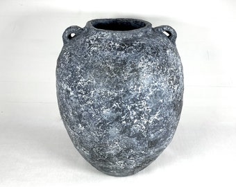 Rustic Olive Jar | Large Gray Stone-Textured Vase | Unique Weathered Vessel | Aged Table Centerpiece | Sustainable Handmade Paper Mache Gift