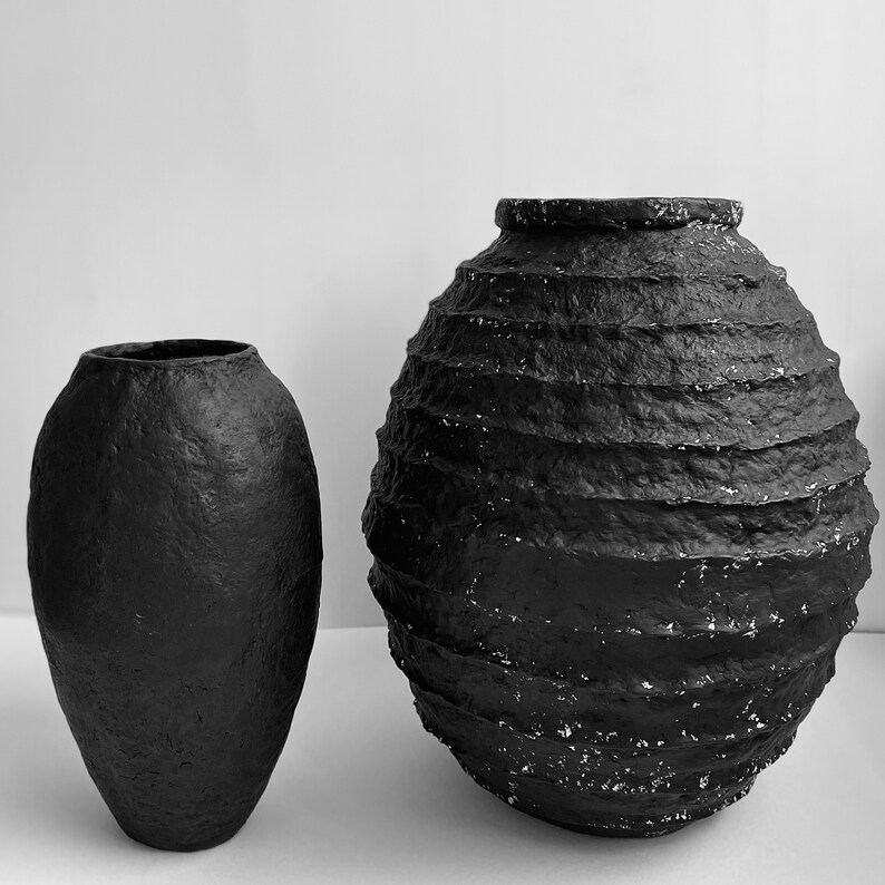 Rustic Black Olive Jar Large Vase Handmade Sustainable Paper Mache Gift Dark