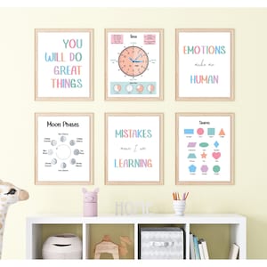 Puede incluir: Seis l&aacute;minas educativas enmarcadas con texto y ilustraciones en colores pastel. Las l&aacute;minas incluyen frases como "You Will Do Great Things" y "Mistakes Mean I Am Learning". Otras l&aacute;minas muestran un reloj, las fases lunares y formas.