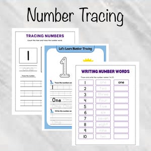 May include: Educational worksheets for number tracing and writing. The image shows three pages with the title "Number Tracing". The worksheets include tracing numbers, writing number words, and counting items. The numbers 1-10 are featured.