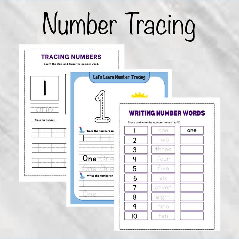 May include: Educational worksheets for number tracing and writing. The image shows three pages with the title "Number Tracing". The worksheets include tracing numbers, writing number words, and counting items. The numbers 1-10 are featured.