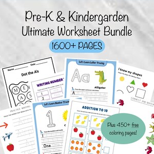 May include: A set of printable worksheets for preschool and kindergarten students. The worksheets feature activities like tracing letters and numbers, dot-to-dot, and shape recognition. The text on the page reads "Pre-K & Kindergarten Ultimate Worksheet Bundle 1600+ PAGES".
