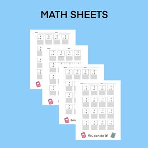 May include: Three printable maths worksheets with addition problems for children. Each worksheet has a different set of problems with numbers 1 through 9. The worksheets are black and white with a pink calculator icon at the bottom of the last page.
