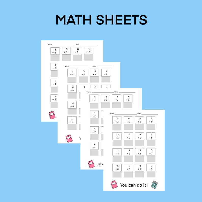 May include: Three printable maths worksheets with addition problems for children. Each worksheet has a different set of problems with numbers 1 through 9. The worksheets are black and white with a pink calculator icon at the bottom of the last page.