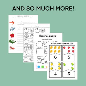 May include: A set of printable worksheets for children featuring activities such as tracing letters, matching shapes, and counting. The worksheets include images of an aeroplane, apple, alligator, ant, acorn, pumpkin, sunflower, bird, and more.