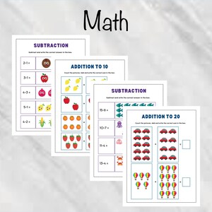 May include: A collection of educational math worksheets for children. The worksheets include subtraction and addition problems with colorful illustrations of fruits, vegetables, and other objects. The word "Math" is written at the top.