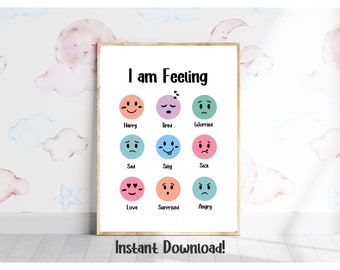 Feelings Poster, Kids Wall Art, Learning Poster, Classroom Decor, Educational Classroom Art, Playroom Art, I Am Feeling, Preschool Classroom