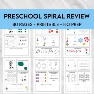 Preschool Spiral Review Workbook | 80-Page Pre-K Learning Binder, Alphabet, Numbers, Shapes, Weather, Fine Motor Skills,  Pre-k Morning Menu