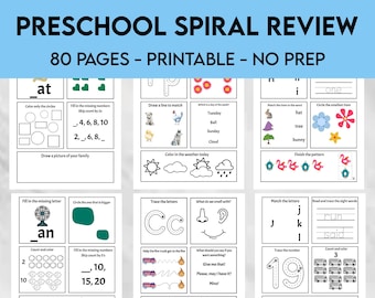 Preschool Spiral Review Workbook | 80-Page Pre-K Learning Binder, Alphabet, Numbers, Shapes, Weather, Fine Motor Skills,  Pre-k Morning Menu