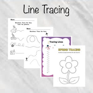May include: Four white activity sheets with line tracing exercises for kids. The sheets feature illustrations of a bunny, boat, bee, snail, airplane, and flower. The text "Line Tracing" is at the top of the image.