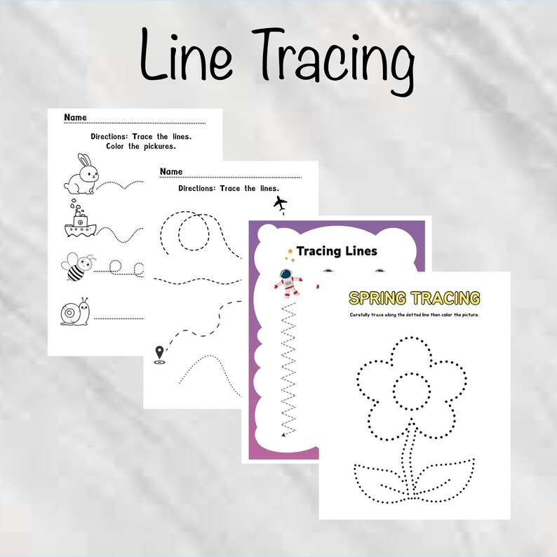 May include: Four white activity sheets with line tracing exercises for kids. The sheets feature illustrations of a bunny, boat, bee, snail, airplane, and flower. The text "Line Tracing" is at the top of the image.