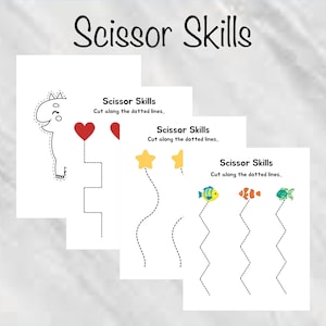 May include: Four white sheets with scissor skills practice activities. Each sheet features a different design: a dinosaur, a heart, a star, and fish. The text "Scissor Skills" and "Cut along the dotted lines" are printed on each sheet.