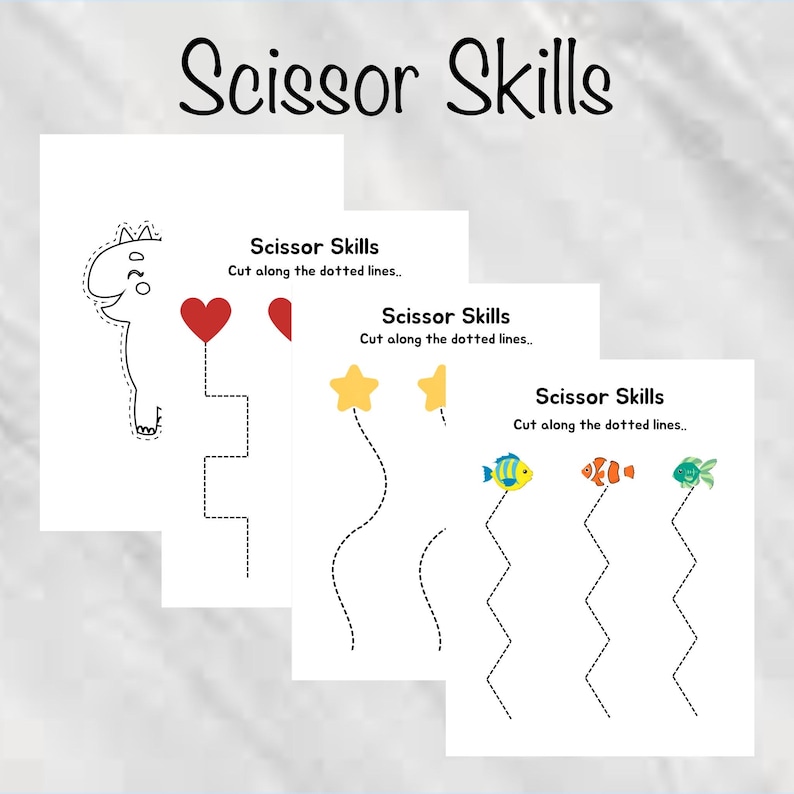 May include: Four white sheets with scissor skills practice activities. Each sheet features a different design: a dinosaur, a heart, a star, and fish. The text "Scissor Skills" and "Cut along the dotted lines" are printed on each sheet.