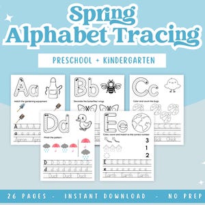 Folhas de Atividades de Rastreamento do Alfabeto da Primavera para Pré-escola e Jardim de Infância | Rastreamento de Letras, Contagem, Combinação e Coloração | Atividade com Tema de Primavera de A a Z